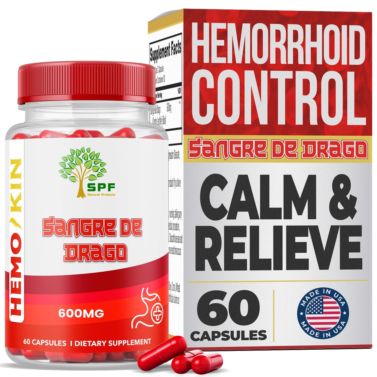 SPF Natural Products HEMOKIN with Sangre de Drago – Hemorrhoid and Fissure Relief Supplement, Helps with Itching, Swelling, Pain Relief (60 Caps) (1) - Maple Wellness Supplements