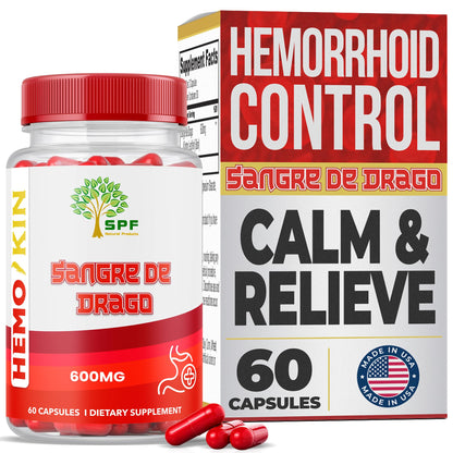 SPF Natural Products HEMOKIN with Sangre de Drago – Hemorrhoid and Fissure Relief Supplement, Helps with Itching, Swelling, Pain Relief (60 Caps) (1) - Maple Wellness Supplements