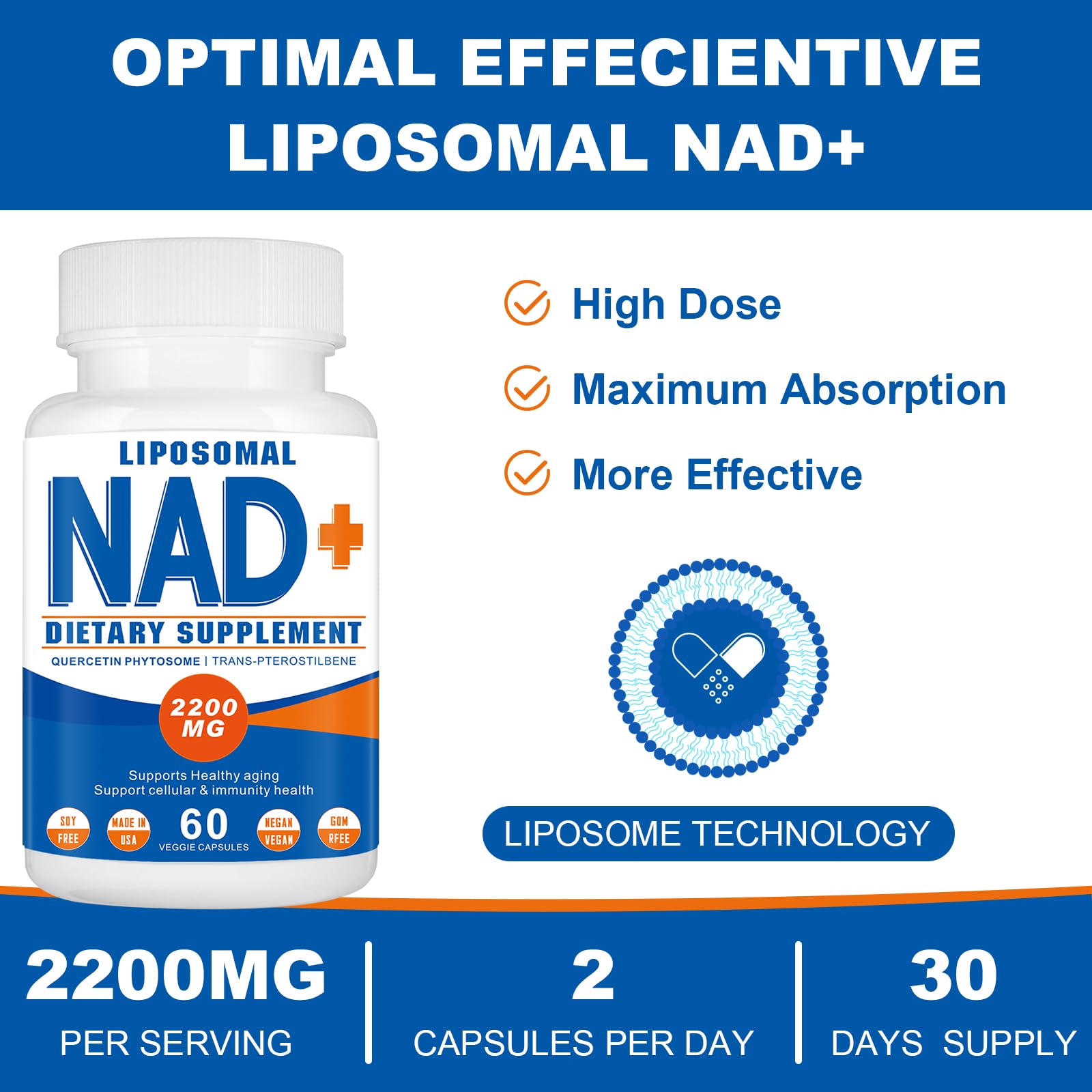 Spliferkou 2200mg Liposomal NAD+ Supplement - Enhances Cell Energy & Aging Defese, 60 Capsules - Maple Wellness Supplements