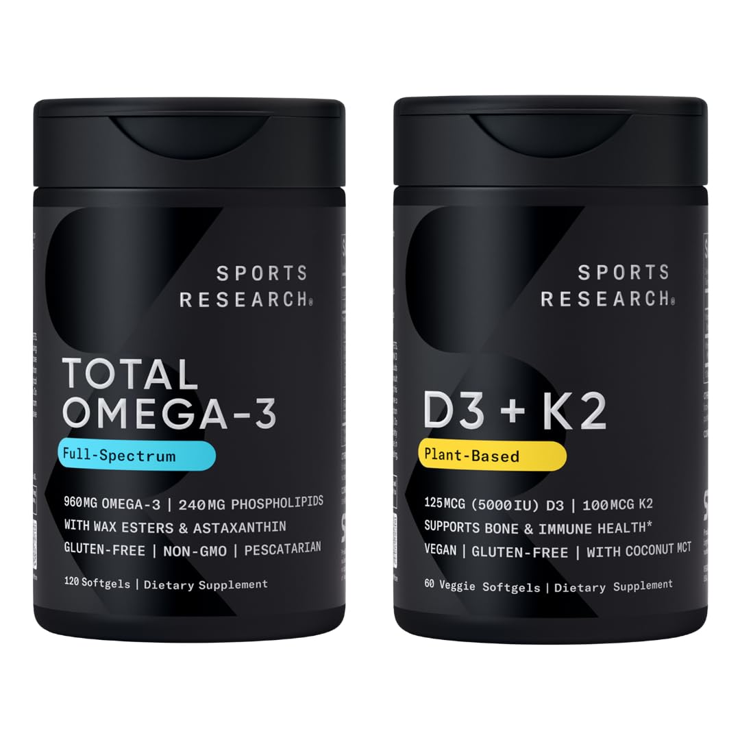 Sports Research® 2-in-1 Pack - Total Omega-3 Fish Oil 2200mg - 960mg of EPA & DHA, and Vitamin D3 5000iu + K2 100mcg - Maple Wellness Supplements