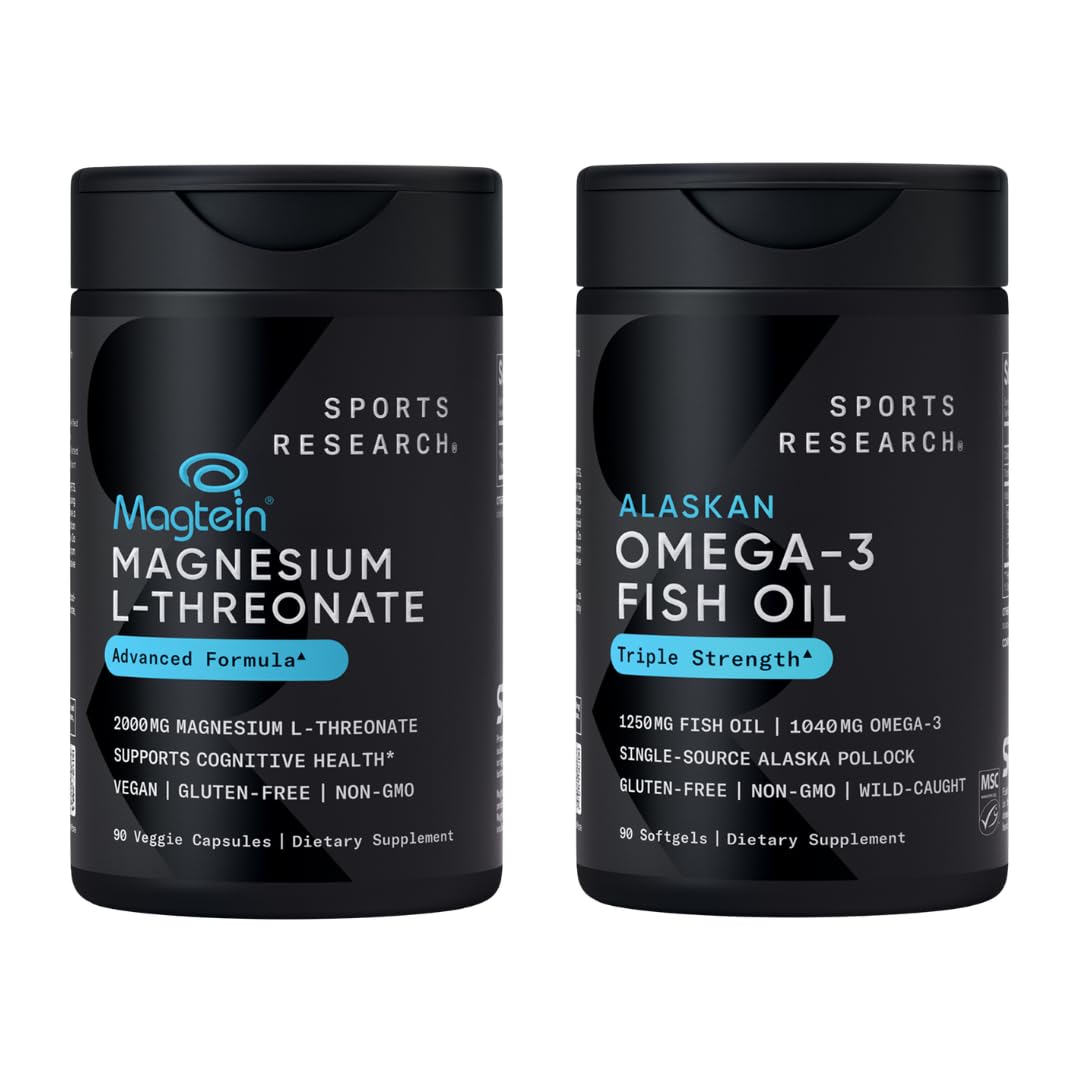 Sports Research® 90 Ct Cognitive Health Support Pack - Triple Strength Omega 3 Fish Oil EPA DHA Fatty Acids from Single-Source Wild Alaskan Pollock & Magtein Magnesium L-Threonate for Memory, Focus - Maple Wellness Supplements