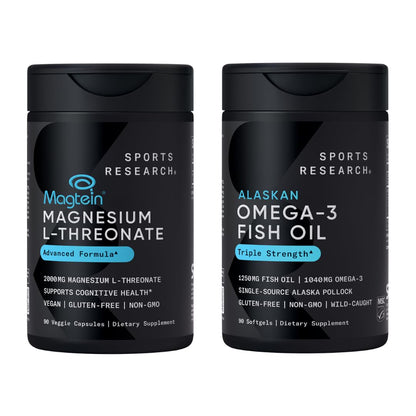 Sports Research® 90 Ct Cognitive Health Support Pack - Triple Strength Omega 3 Fish Oil EPA DHA Fatty Acids from Single-Source Wild Alaskan Pollock & Magtein Magnesium L-Threonate for Memory, Focus - Maple Wellness Supplements