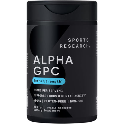 Sports Research® Alpha GPC 630mg (Extra Strength) - Bioavailable Source of Choline - Focus & Cognitive Support for Women & Men - Vegan Certified · Non-GMO · Gluten Free - 60 Liquid Capsules - Maple Wellness Supplements