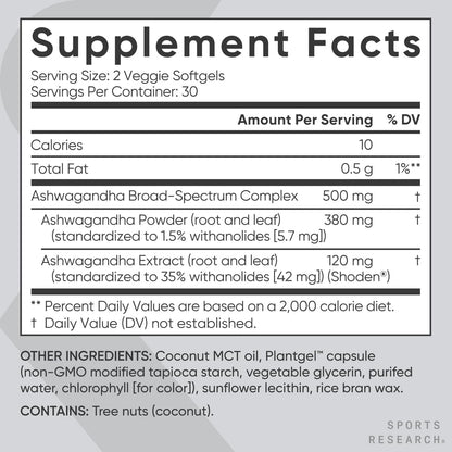 Sports Research® Ashwagandha Softgels with Coconut MCT Oil - Natural Adaptogen Made with Shoden® Ashwa for Relaxation, Calm & Sleep Support - Gluten Free & Vegan Friendly - 60 Count - Maple Wellness Supplements