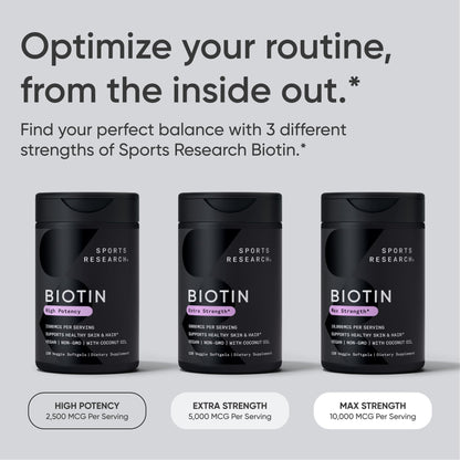 Sports Research® Biotin 10,000mcg with Organic Coconut Oil - Biotin (Vitamin B7) for Healthy Skin and Hair Support* - for Women and Men - Vegan, Non-GMO - Maple Wellness Supplements