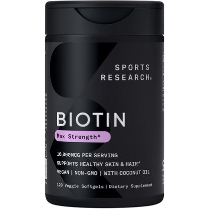 Sports Research® Biotin 10,000mcg with Organic Coconut Oil - Biotin (Vitamin B7) for Healthy Skin and Hair Support* - for Women and Men - Vegan, Non-GMO - Maple Wellness Supplements