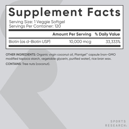 Sports Research® Biotin 10,000mcg with Organic Coconut Oil - Biotin (Vitamin B7) for Healthy Skin and Hair Support* - for Women and Men - Vegan, Non-GMO - Maple Wellness Supplements