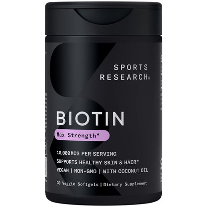 Sports Research® Biotin 10,000mcg with Organic Coconut Oil - Biotin (Vitamin B7) for Healthy Skin and Hair Support* - for Women and Men - Vegan, Non-GMO, Gluten & Soy-Free - 30 Veggie Softgels - Maple Wellness Supplements