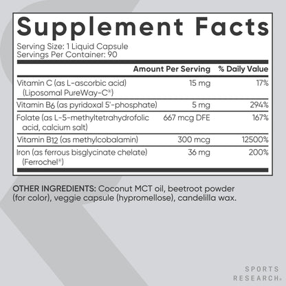 Sports Research® Blood Balance Iron Supplement - 36 MG Iron + Folate & Vitamin C for Absorption - Red Blood Cell Support for Women & Men* - Vegan Certified · Non-GMO · Gluten-Free - 90 Capsules - Maple Wellness Supplements