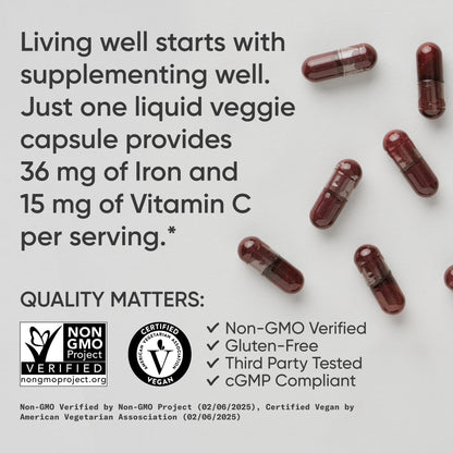 Sports Research® Blood Balance Iron Supplement - 36 MG Iron + Folate & Vitamin C for Absorption - Red Blood Cell Support for Women & Men* - Vegan Certified · Non-GMO · Gluten-Free - 90 Capsules - Maple Wellness Supplements