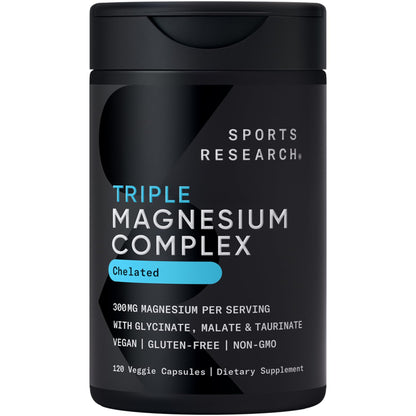 Sports Research® Chelated Triple Magnesium Complex with Glycinate, Taurinate & Malate (Chelamax®) for Enhanced Bioavailability* - 300 mg per Serving, Non-GMO, Certified Vegan, 120 Veggie Capsules - Maple Wellness Supplements