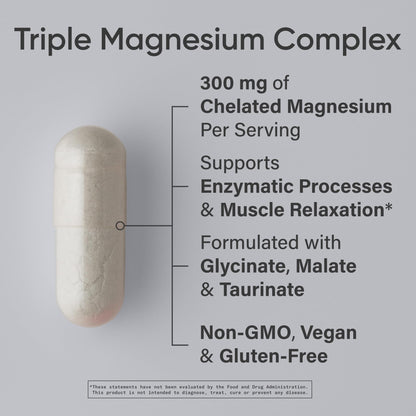 Sports Research® Chelated Triple Magnesium Complex with Glycinate, Taurinate & Malate (Chelamax®) for Enhanced Bioavailability* - 300 mg per Serving, Non-GMO, Certified Vegan, 120 Veggie Capsules - Maple Wellness Supplements