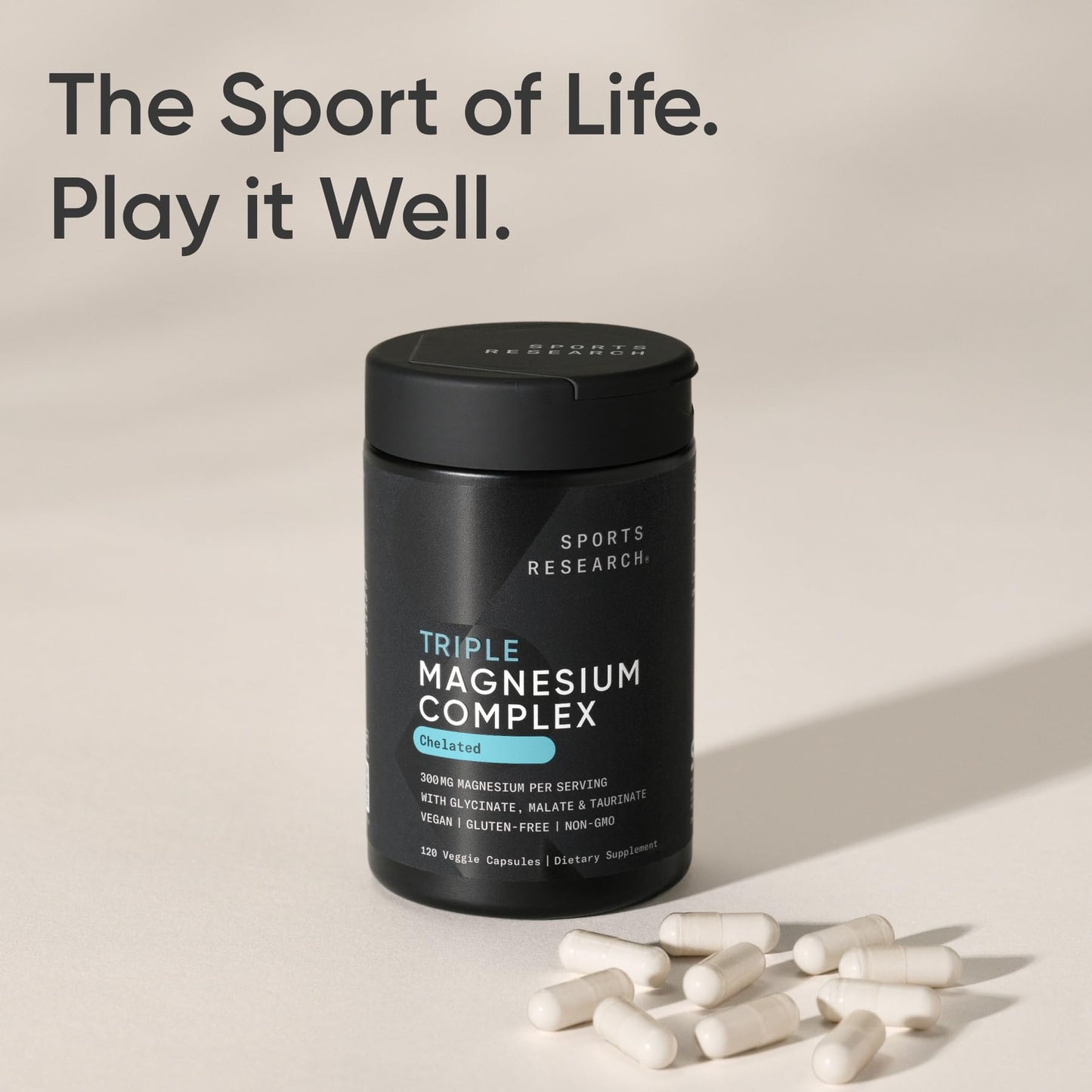 Sports Research® Chelated Triple Magnesium Complex with Glycinate, Taurinate & Malate (Chelamax®) for Enhanced Bioavailability* - 300 mg per Serving, Non-GMO, Certified Vegan, 120 Veggie Capsules - Maple Wellness Supplements