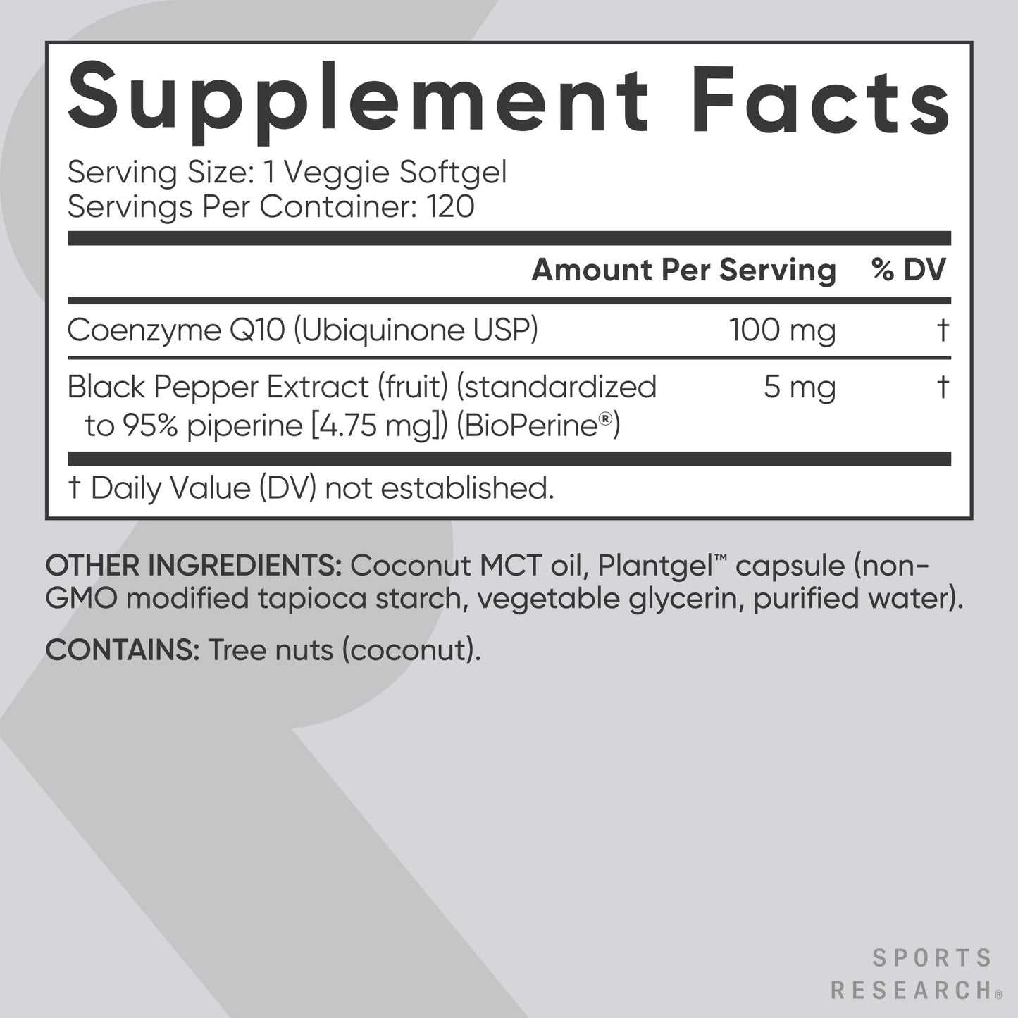 Sports Research CoQ10 (100mg) Enhanced w/Coconut Oil & Bioperine (Black Pepper) for Better Absorption | Vegan Certified, Non-GMO Verified (120 Veggie Softgels) - Maple Wellness Supplements