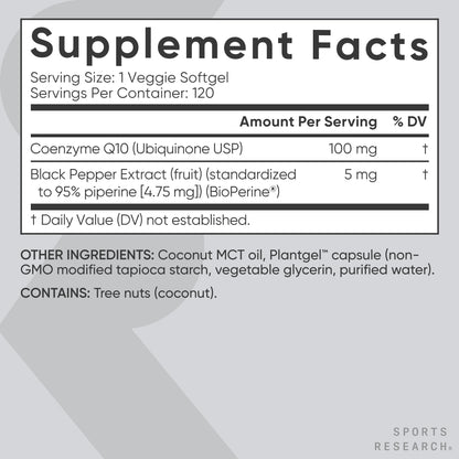 Sports Research CoQ10 (100mg) Enhanced w/Coconut Oil & Bioperine (Black Pepper) for Better Absorption | Vegan Certified, Non-GMO Verified (120 Veggie Softgels) - Maple Wellness Supplements