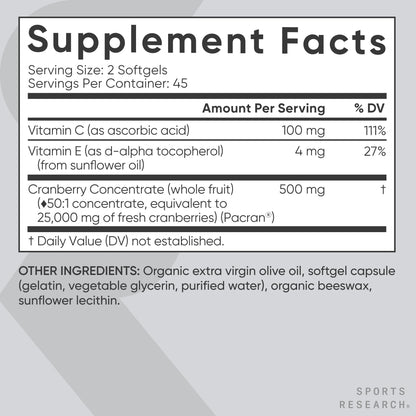 Sports Research® Cranberry Fruit Complex Supplement - Softgels for Urinary Tract Health Support - Made with Pacran®­ & Vitamins C & E - Non-GMO & Gluten Free - 90 Count - Maple Wellness Supplements