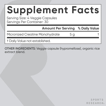 Sports Research® Creatine Monohydrate Capsules - Supports Workout Recovery, Lean Muscle gain, Performance and Strength* - Non-GMO, Vegan Certified - 5g per Servings - 30 Servings - Maple Wellness Supplements
