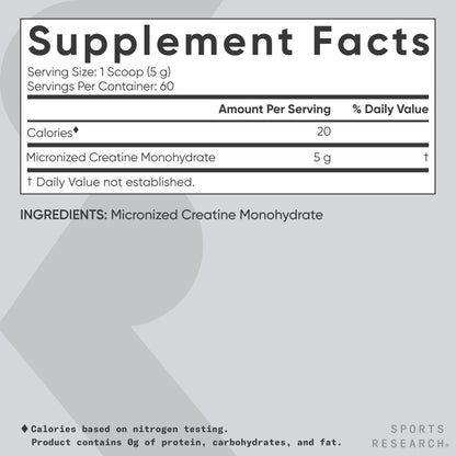 Sports Research Creatine Monohydrate - Gain Lean Muscle, Improve Performance and Strength and Support Workout Recovery - 5 g Micronized Creatine - 10.58 oz - Maple Wellness Supplements
