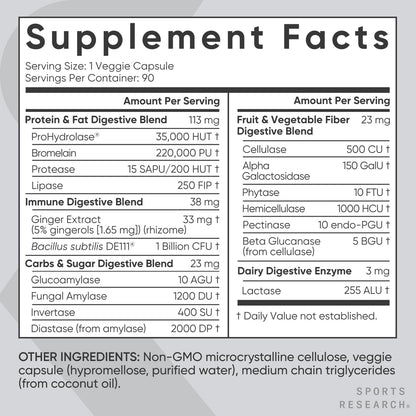 Sports Research Digestive Enzymes with Probiotics & Ginger - Plant Based for Dairy, Protein, Sugar & Carbs - Non-GMO Verified & Vegan Friendly (90 Veggie Capsules) - Maple Wellness Supplements
