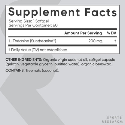 Sports Research Double Strength L-Theanine Supplement - Suntheanine Softgels for Focus, Relaxation & Alertness - Non-Drowsy Support Made with Coconut Oil, Non-GMO & Gluten Free - 200mg, 60 Count - Maple Wellness Supplements