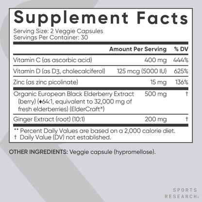 Sports Research® Elderberry Immune Support with Zinc, Ginger, Vitamin C & D3 - Vegan Friendly · Non-GMO · Gluten Free - 60 Veggie Capsules - Maple Wellness Supplements