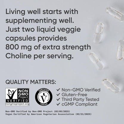 Sports Research ® Extra Strength Choline 800 mg - Essential Nutrient Featuring VitaCholine ® for Focus Support - Vegan Certified • Non-GMO • Gluten Free - 60 Liquid Capsules - Maple Wellness Supplements