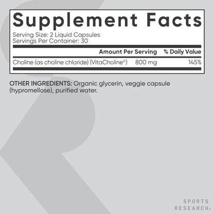 Sports Research ® Extra Strength Choline 800 mg - Essential Nutrient Featuring VitaCholine ® for Focus Support - Vegan Certified • Non-GMO • Gluten Free - 60 Liquid Capsules - Maple Wellness Supplements
