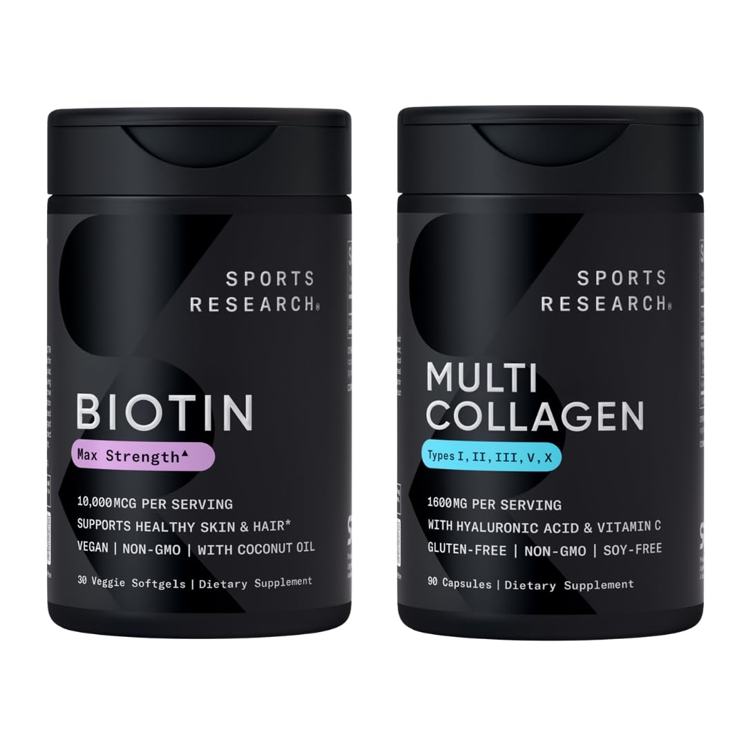 Sports Research® Healthy Hair Essentials - Biotin 10,000mcg with Organic Coconut Oil Vitamin B7 for Healthy Skin and Hair Support + Multi Collagen Pills Peptides with Hyaluronic Acid & Vitamin C - Maple Wellness Supplements