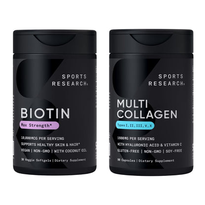 Sports Research® Healthy Hair Essentials - Biotin 10,000mcg with Organic Coconut Oil Vitamin B7 for Healthy Skin and Hair Support + Multi Collagen Pills Peptides with Hyaluronic Acid & Vitamin C - Maple Wellness Supplements