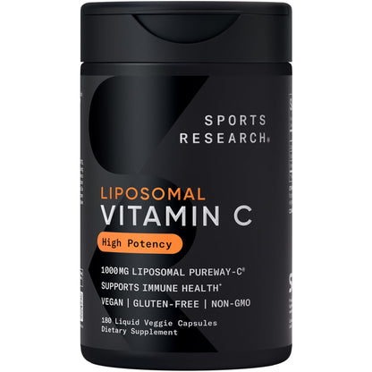 Sports Research® High Potency Liposomal Vitamin C Supplement 1000 mg – Certified Vegan, Non-GMO, Gluten Free | Antioxidant & Immune Support | Ascorbic Acid Vitamin C | 180 Liquid Veggie Capsules - Maple Wellness Supplements
