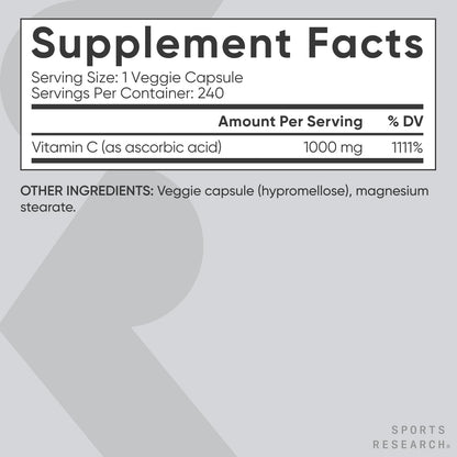 Sports Research High Potency Vitamin C Supplement - Vegan Veggie Capsules for Antioxidant Activity & Immune Support - Non-GMO Verified & Gluten Free - Ascorbic Acid Vitamin C 1000mg, 240 Count - Maple Wellness Supplements
