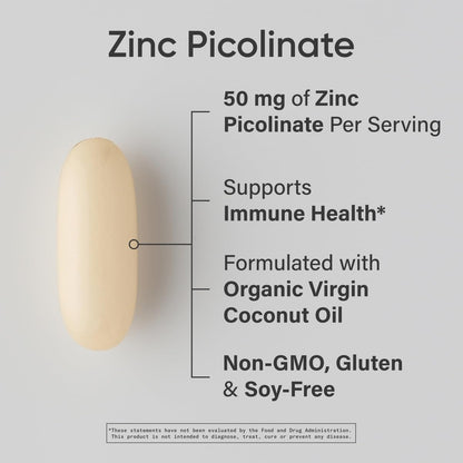 Sports Research High Potency Zinc Picolinate 50mg with Organic Coconut Oil | Highly Absorbable Zinc Supplement for Healthy Immune & Enzyme Function - Non-GMO Tested & Gluten-Free (120 Liquid Softgels) - Maple Wellness Supplements