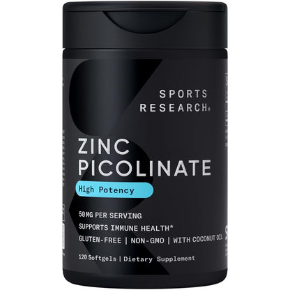 Sports Research High Potency Zinc Picolinate 50mg with Organic Coconut Oil | Highly Absorbable Zinc Supplement for Healthy Immune & Enzyme Function - Non-GMO Tested & Gluten-Free (120 Liquid Softgels) - Maple Wellness Supplements
