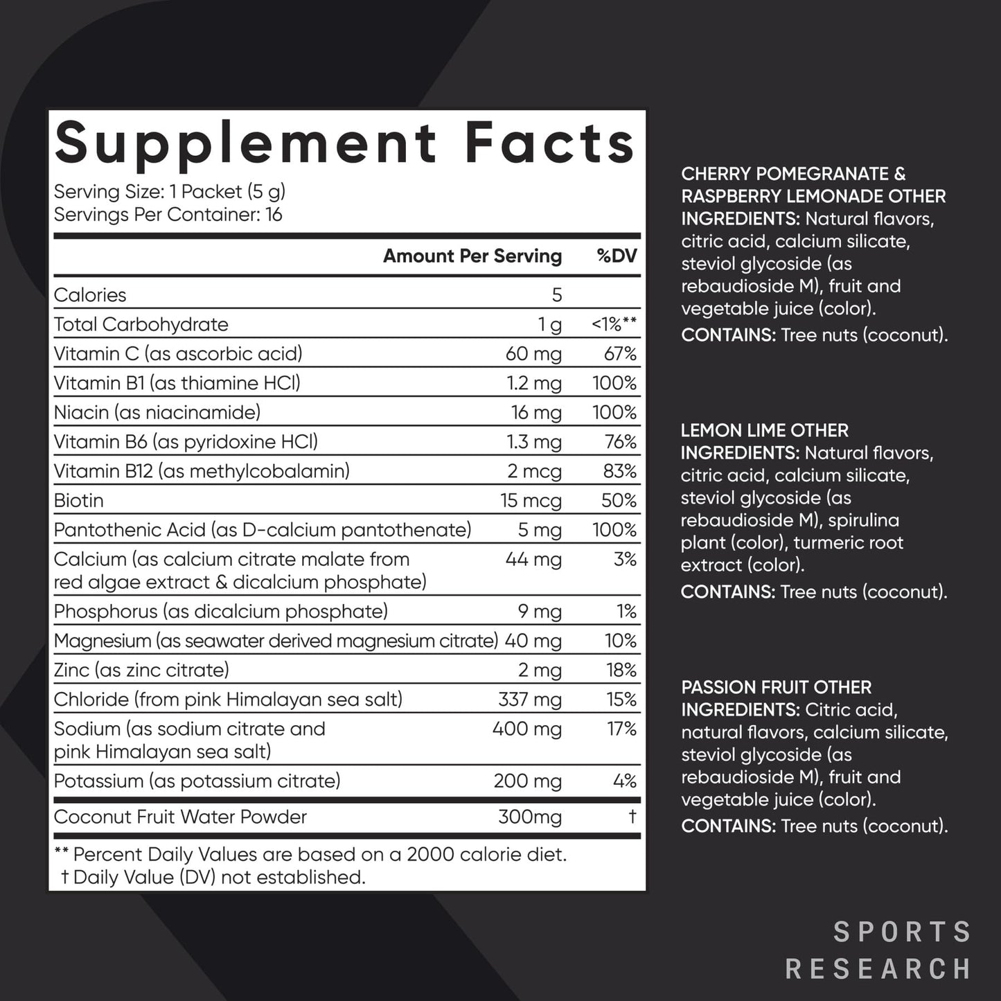 Sports Research® Hydrate Electrolytes Powder Packets - Sugar-Free & Naturally Flavored with Vitamins, Minerals, and Coconut Water - Supports Hydration - 16 Packets - Variety Pack - Maple Wellness Supplements