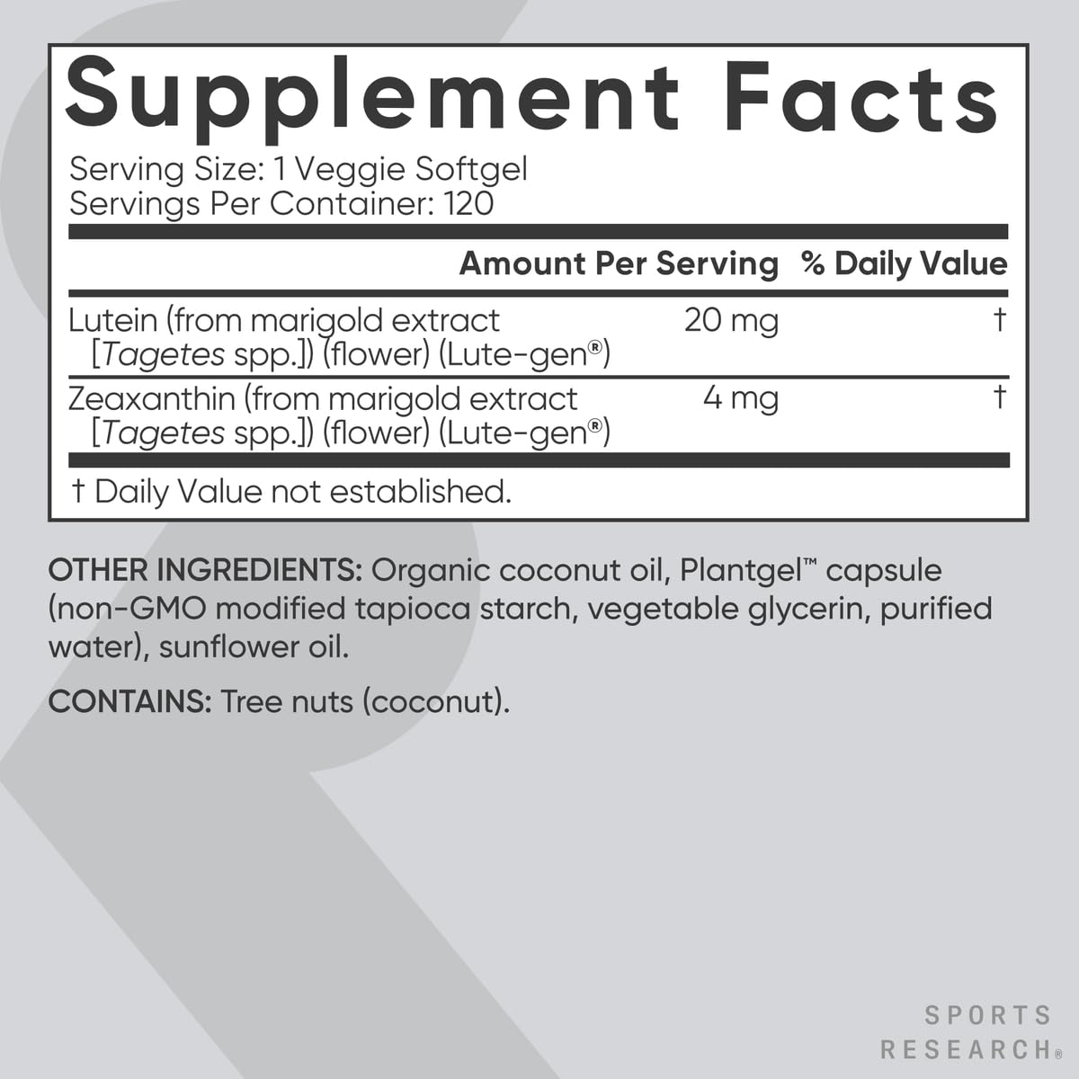 Sports Research® Lutein and Zeaxanthin Capsules - Eye Health Support Supplement Made with Lute-Gen® and Organic Coconut Oil - Vegan Friendly & Non-GMO Verified - 120 Veggie Softgels - Maple Wellness Supplements