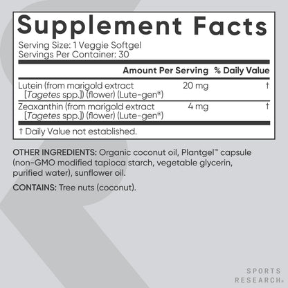 Sports Research® Lutein and Zeaxanthin Capsules - Eye Health Support Supplement Made with Lute-Gen® and Organic Coconut Oil - Vegan Friendly & Non-GMO Verified - 30 Veggie Softgels - Maple Wellness Supplements
