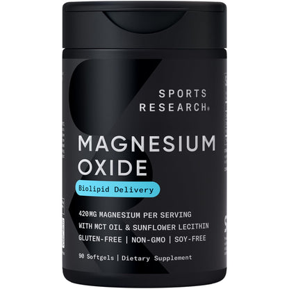 Sports Research® Magnesium Oxide 420mg with Coconut MCT Oil - Magnesium Supplement for Muscle, Nerve, and Bone Support* - Gluten-Free, Non-GMO - 90 Softgels - Maple Wellness Supplements