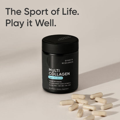 Sports Research® Multi Collagen Pills for Women & Men - Collagen Peptides (Type I, II, III, V, X) Enhanced with Hyaluronic Acid & Vitamin C - Gluten Free ­· Non-GMO - 90 Capsules - Maple Wellness Supplements