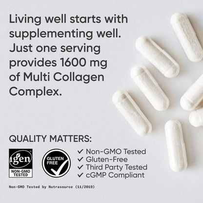 Sports Research® Multi Collagen Pills for Women & Men - Collagen Peptides (Type I, II, III, V, X) Enhanced with Hyaluronic Acid & Vitamin C - Gluten Free ­· Non-GMO - 90 Capsules - Maple Wellness Supplements
