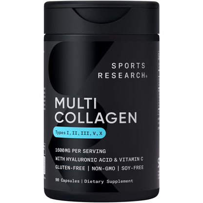 Sports Research® Multi Collagen Pills for Women & Men - Collagen Peptides (Type I, II, III, V, X) Enhanced with Hyaluronic Acid & Vitamin C - Gluten Free ­· Non-GMO - 90 Capsules - Maple Wellness Supplements