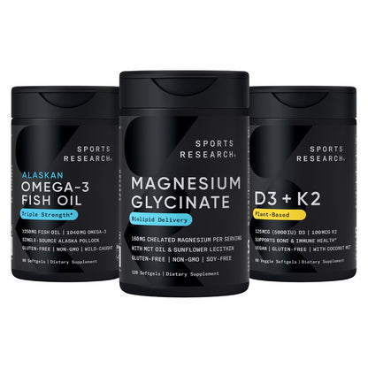 Sports Research® Multivitamins Pack - Triple Strength Omega-3 Fish Oil 1250 + 160 mg Chelated Magnesium Glycinate + Vegan Vitamin D 5000iu & Mk7 Vitamin K 100mcg - Maple Wellness Supplements