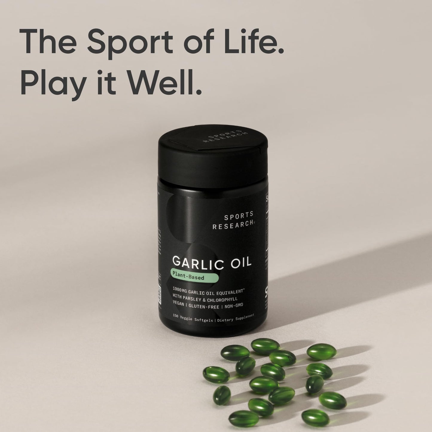 Sports Research® Odorless Garlic Oil Pills with Parsley & Chlorophyll - Vegan Certified · Non-GMO · Gluten Free - 150 Plantgel Capsules - Maple Wellness Supplements