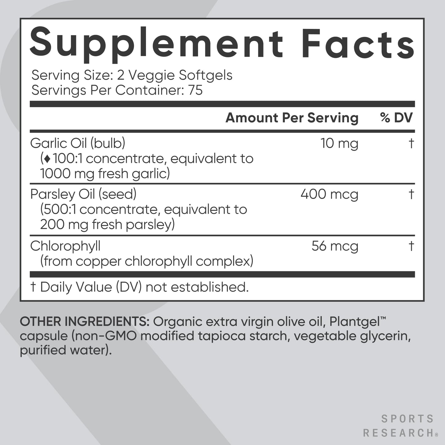 Sports Research® Odorless Garlic Oil Pills with Parsley & Chlorophyll - Vegan Certified · Non-GMO · Gluten Free - 150 Plantgel Capsules - Maple Wellness Supplements