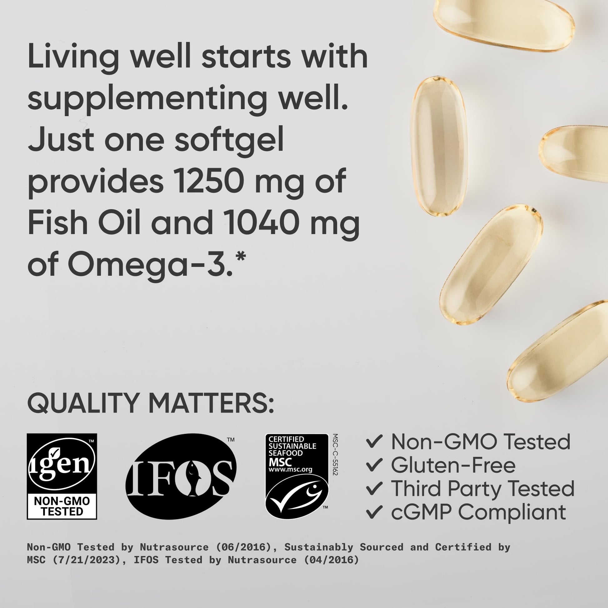 Sports Research® Omega-3 Fish Oil 1250 - Triple Strength Fish Oil Supplement from Wild Alaska Pollock - MSC Certified Sustainable · Non-GMO · Soy Free - 180 Softgel Capsules - Maple Wellness Supplements