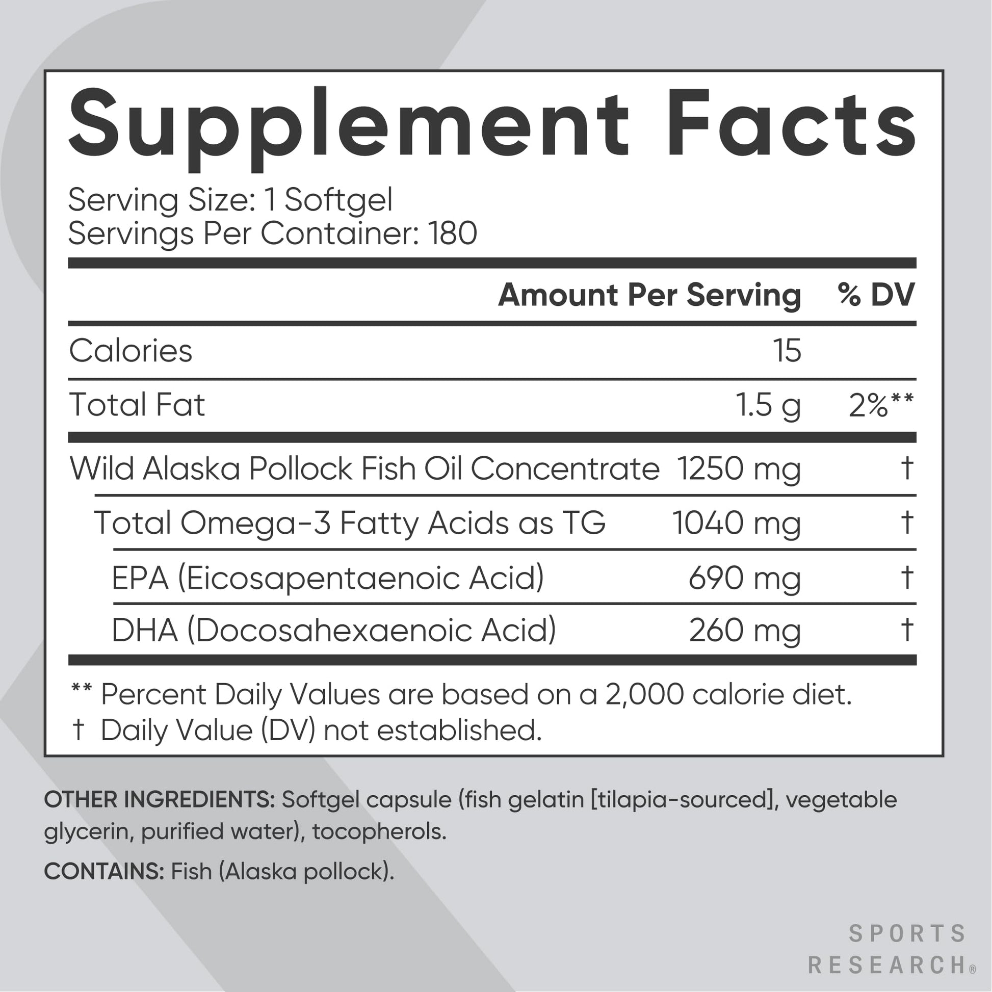 Sports Research® Omega-3 Fish Oil 1250 - Triple Strength Fish Oil Supplement from Wild Alaska Pollock - MSC Certified Sustainable · Non-GMO · Soy Free - 180 Softgel Capsules - Maple Wellness Supplements