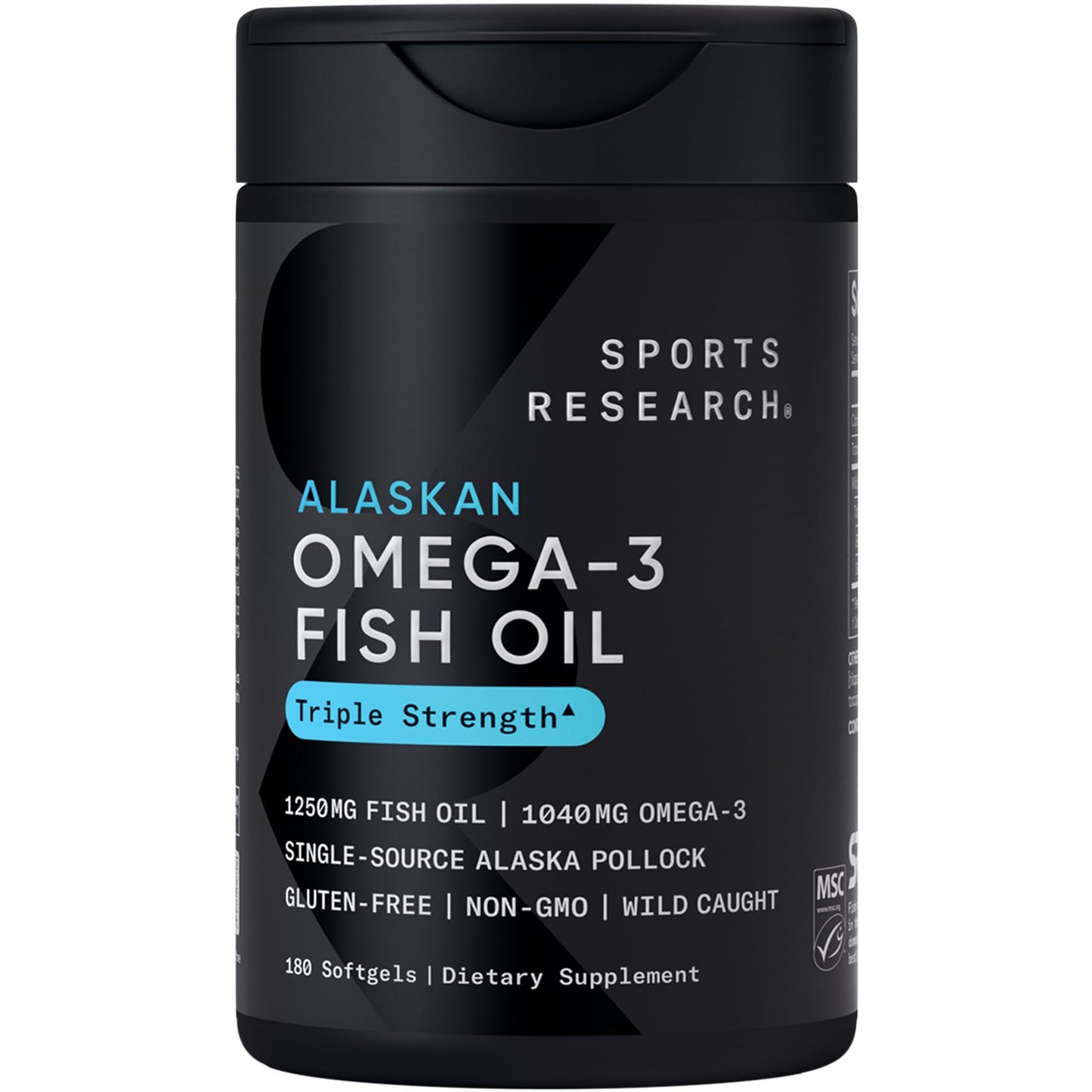 Sports Research® Omega-3 Fish Oil 1250 - Triple Strength Fish Oil Supplement from Wild Alaska Pollock - MSC Certified Sustainable · Non-GMO · Soy Free - 180 Softgel Capsules - Maple Wellness Supplements