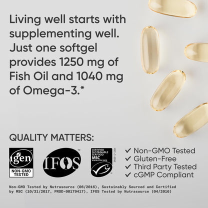Sports Research® Omega-3 Fish Oil 1250 - Triple Strength Fish Oil Supplement from Wild Alaska Pollock - MSC Certified Sustainable · Non-GMO · Soy Free - 90 Softgel Capsules - Maple Wellness Supplements