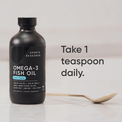 Sports Research® Omega-3 Fish Oil, 8oz Glass Bottle - 4685mg of Wild Caught Alaska Pollock Fish Oil per Serving - Easy-to-Take Liquid · Lemon Flavor · Non-GMO · MSC Certified Sustainable - 48 Servings - Maple Wellness Supplements
