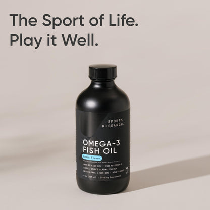 Sports Research® Omega-3 Fish Oil, 8oz Glass Bottle - 4685mg of Wild Caught Alaska Pollock Fish Oil per Serving - Easy-to-Take Liquid · Lemon Flavor · Non-GMO · MSC Certified Sustainable - 48 Servings - Maple Wellness Supplements