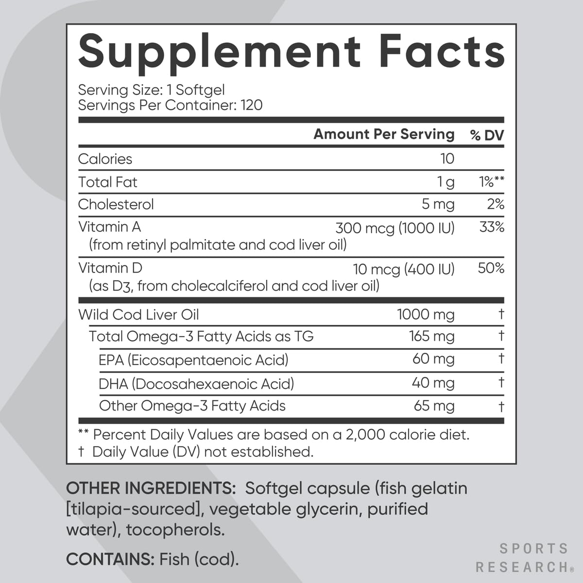 Sports Research® Omega-3 Wild Alaskan Cod Liver Oil 1000mg with Vitamins A (1000 IU) & D3 (400 IU) - Burpless, Bovine Free, Non-GMO, & MSC Certified Sustainable - 120 Softgels - Maple Wellness Supplements